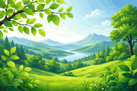 Vibrant green rolling hills and serene lake under a bright blue sky with fluffy clouds