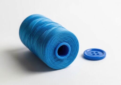 Blue sewing thread on spool with matching button isolated on white background