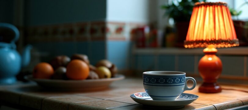 Herbal tea cup and fruit on kitchen counter with dim lamp at night