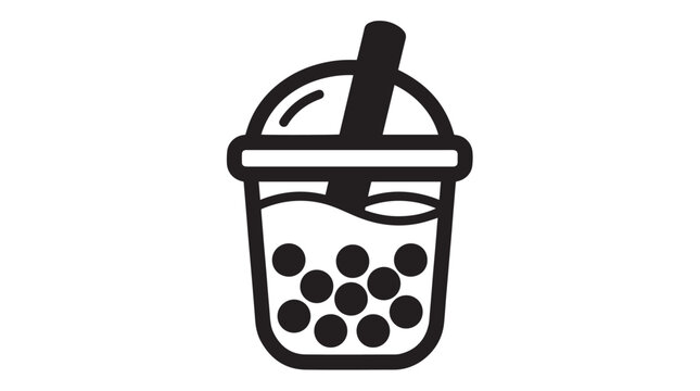 Simple black and white vector illustration of a refreshing bubble tea drink with a straw