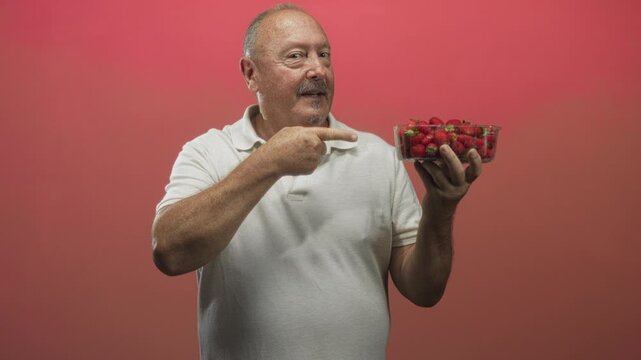 Senior hispanic man in white polo holds clear plastic basket of strawberries and points finger to strawberries in studio; freshness delight.