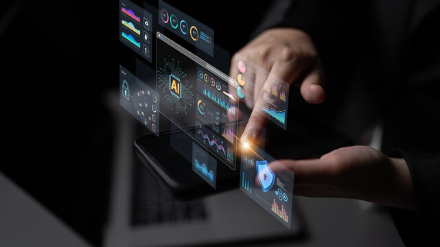 An Artificial Intelligence platform for business intelligence. The dashboard shows advanced data analytics, predictive modeling, and security monitoring through various visualizations. Fermion