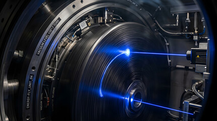Fototapeta premium flywheel energy storage system with blue light industrial technology and engineering