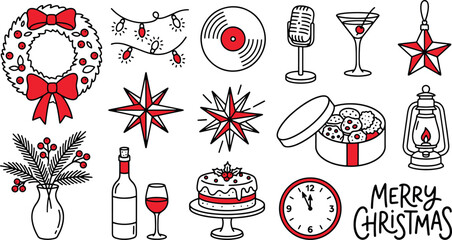 Retro Christmas and New Year Party Element Icons Collection with Festive Food Music Drinks and Hand Drawn Decorations Vector Illustration © Kanon Islam