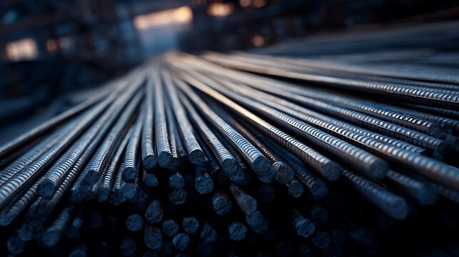 Close-up of numerous, parallel metal rods, likely steel rebar, stacked in industrial setting