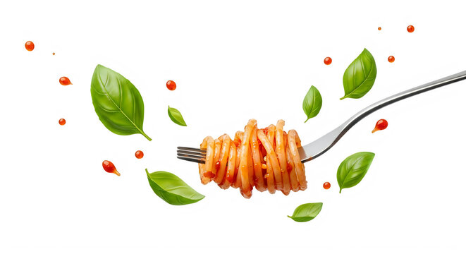Spaghetti on a fork with fresh basil and tomato accents