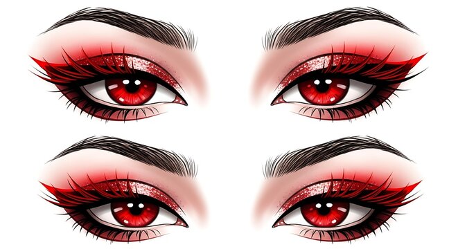 Dramatic Red Fantasy Eyes with Glitter Makeup on White Background