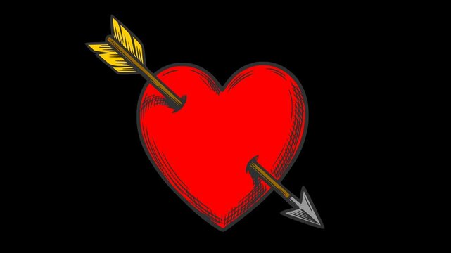 Hand drawn style animation of a vibrant red heart pierced by a cupid arrow. Smooth heartbeat pulsing effect with clean organic lines, looping on a transparent alpha channel background for video editin