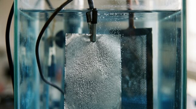 Closeup of aluminum foil undergoing DC electrolytic etching revealing precise chemical roughening to enhance capacitor surface area and improve conductivity layers.