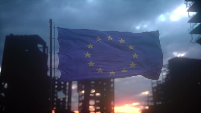 European Union Flag Waving Over Ruined City At Dramatic Sunset