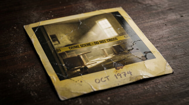 Faded Yellow Instant Photo of Crime Scene - Vintage Retro Archive with Aged Mystery Evidence and Nostalgic Investigation
