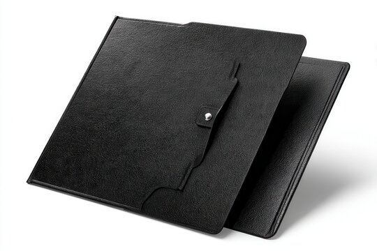 Black leather portfolio folders on white background studio shot