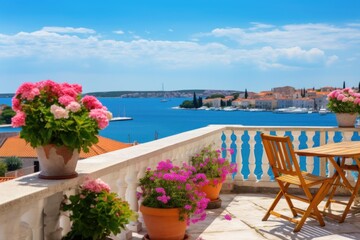 Fototapeta premium Terrace with potted flowers and outdoor furniture offering a scenic coastal view
