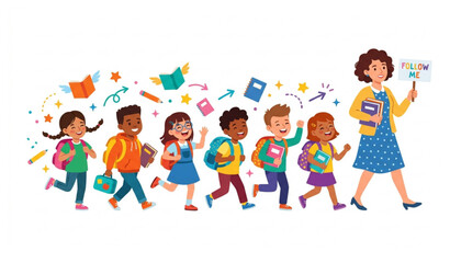 Obraz premium Happy school children following teacher flat vector illustration isolated learning concept