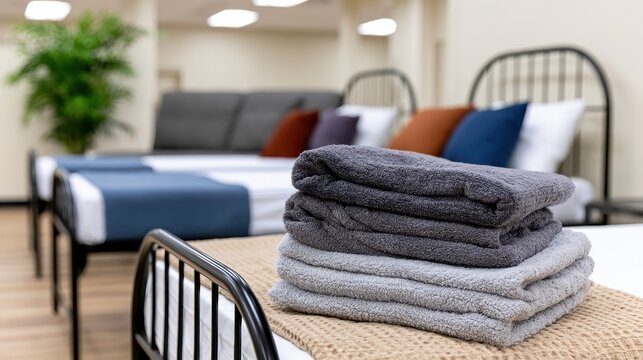 Interior of a temporary refugee shelter with simple beds and folded blankets, offering a clean, organized space for those in need