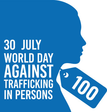 Blue silhouette of a child head with a price tag attached to the neck and text reading 30 july day against trafficking in persons for awareness campaign
