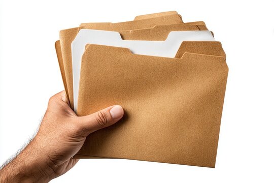 Hand holding manila folders with white paper inserts