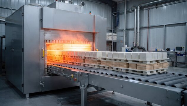 Medium shot of a belt furnace in operation showcasing ceramic stacks moving steadily through the hightemperature sintering process under a controlled atmosphere.