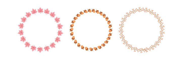 Group of three round border frames composed of fall leaves, acorns and branches. Elegant vector templates for thanksgiving greeting cards and seasonal harvest design © Sunflower