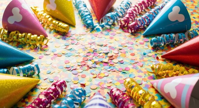 Colorful party hat and streamer surrounding pile of confetti on table. Festive birthday celebration background for invitation card. Cheerful event decoration, surprise and fun concept.