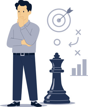 Business Strategy Concept Illustration with Chess Piece, Analytics Graph and Strategic Planning