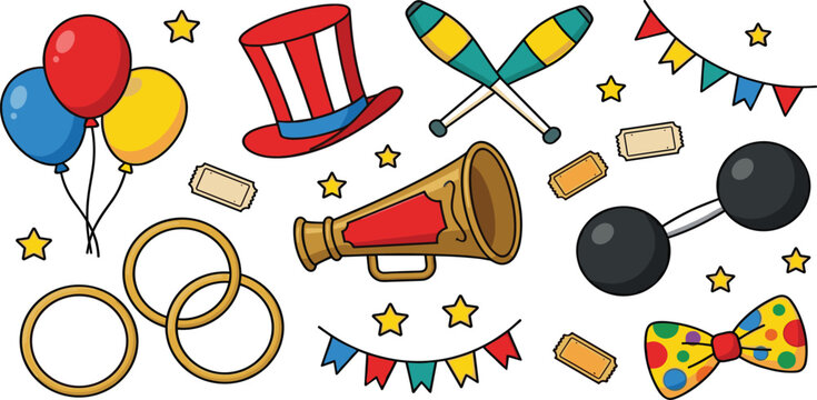 Circus vintage carnival show performance elements and funfair objects flat line vector illustration set