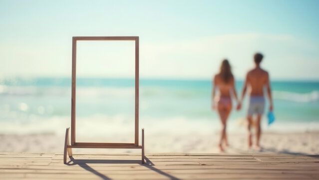 Empty wood frame at the beach with copy space