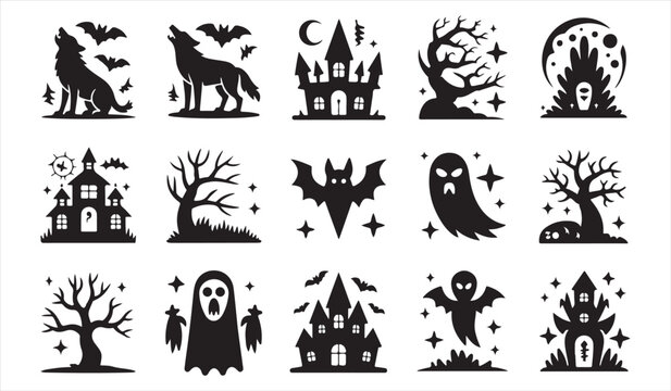 Spooky Halloween silhouette icons and horror illustration collection