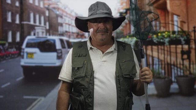Man fisherman holding a landing net pole, gripping with right hand and gesturing with left on a city street near parked cars and railings; urban leisure contentment.