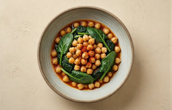 Bowl of Espinacas con Garbanzos with chickpeas, spinach, cooked in tomato-based sauce. Concept of healthy meal featuring spinach with chickpeas, garlic, paprika.