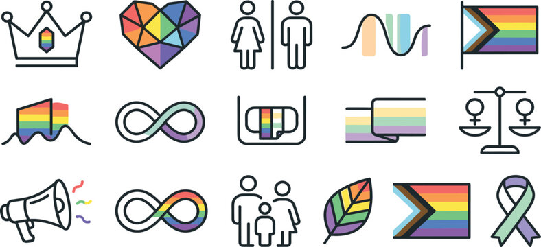 Collection of colorful pride line icons for lgbtq awareness equality human rights and neurodiversity community celebration.