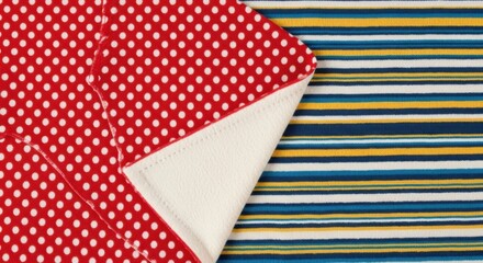 Obraz premium Red polka dot fabric folded on striped blue and white textile background minimal composition