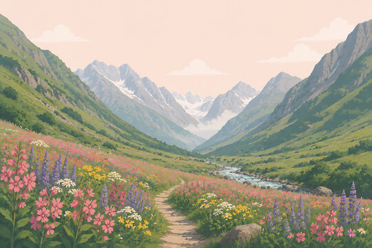 Valley of Flowers Uttarakhand vector illustration, mountain floral landscape India, scenic tourism concept