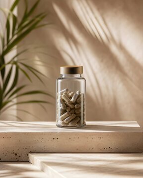 Minimalist luxury wellness supplement bottle mockup on beige travertine stone pedestal