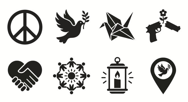 Powerful collection of peace and unity graphic icons, beautifully conveying messages of non-violence, hope, and global harmony through diverse symbols