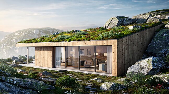 Modern Wooden Cabin with Green Roof Nestled in Rocky Mountain Landscape.