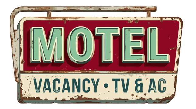 Retro motel sign with the word MOTEL prominently displayed, along with VACANCY and TV & AC, evoking a vintage roadside America feel