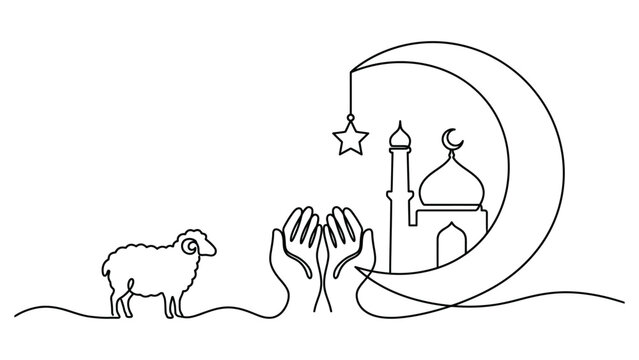 continuous line art Eid al-Adha celebration with mosque and lamb.