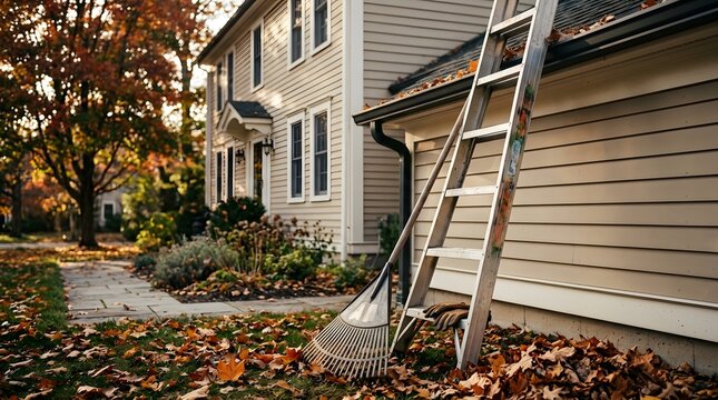 A ladder stands next to a yard covered in fallen leaves. A rake lies on the ground as leaves create a colorful blanket. The house has light-colored siding and green shrubs, showcasing autumn scenery