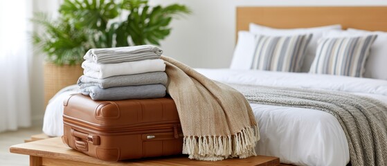 Brown suitcase, textiles, orange scarf on wood in cozy bedroom. Prepping for autumn travel