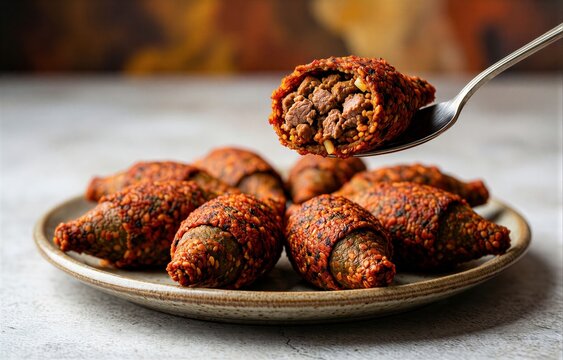 Icli Kofte on small round ceramic plate. Bulgur shells stuffed with spiced meat arranged neatly, some overlapping, with blurred rustic background. Concept of savory cuisine and traditional flavors.