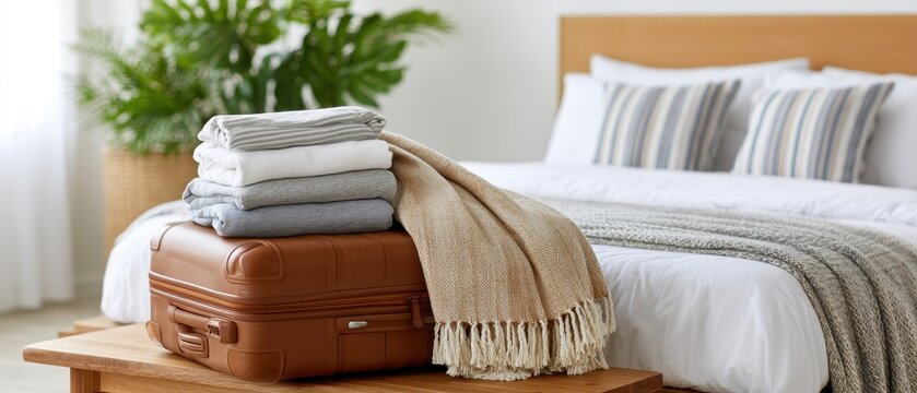 Brown suitcase, textiles, orange scarf on wood in cozy bedroom. Prepping for autumn travel