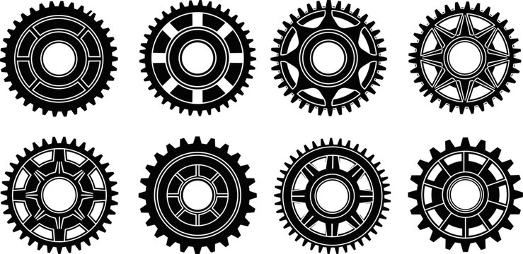Collection of gear silhouettes with varied designs, showcasing mechanical components, industrial patterns, and engineering inspiration for technical artwork