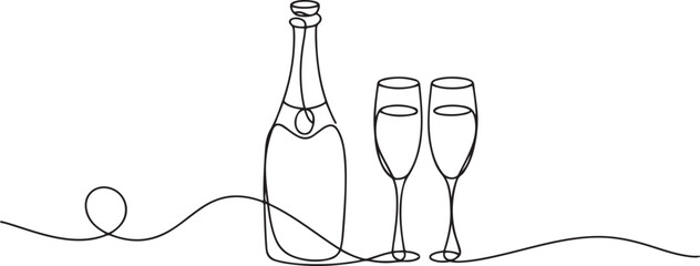 Continuous one line drawing of champagne bottle and glasses.one line drawing vector © MstMoushumi