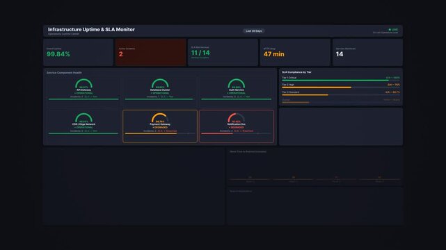 IT infrastructure uptime dashboard: real-time monitoring animation with service status, SLA compliance tracking and incident management metrics