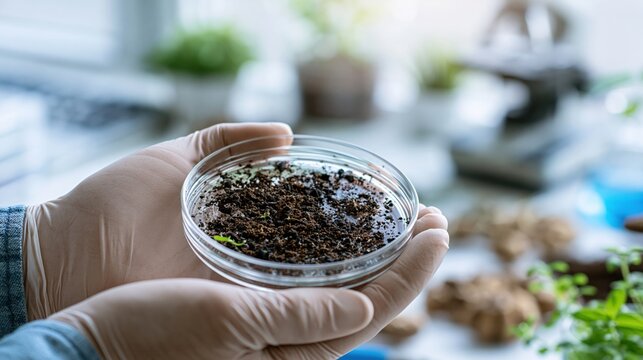 Focused medium shot on sterile gloved hands holding microscopic soil matter within a petri dish surrounded by a softly blurred bright lab bench featuring organic elements and
