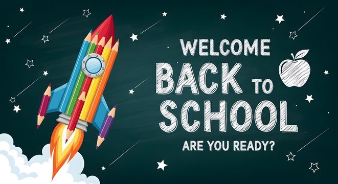 Welcome back to school are you ready colorful rocket illustration