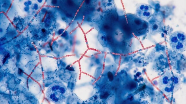 Nocardia Weakly Acid Fast Branching Filaments Gram Stain. Nocardia species showing partially acid fast beaded branching filaments in Gram and modified acid fast stained sputum smear.