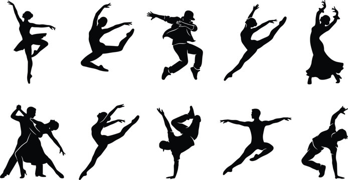 Dance Performance Silhouette Collection with Ballet Contemporary and Cultural Movement Poses for Entertainment and Artistic Design Projects