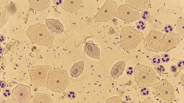 Trichomonas Vaginalis Trophozoite Wet Mount Vaginal Discharge. Trichomonas vaginalis pear-shaped flagellate trophozoite in fresh wet mount preparation from vaginal discharge sample.